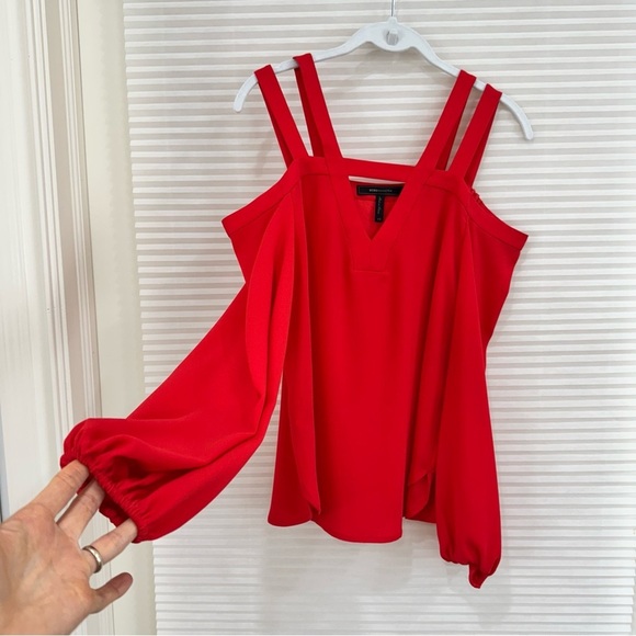 BCBGMaxazria Weiss Cold Shoulder Peasant Blouse Top in Red Berry Size XS - Picture 7 of 13